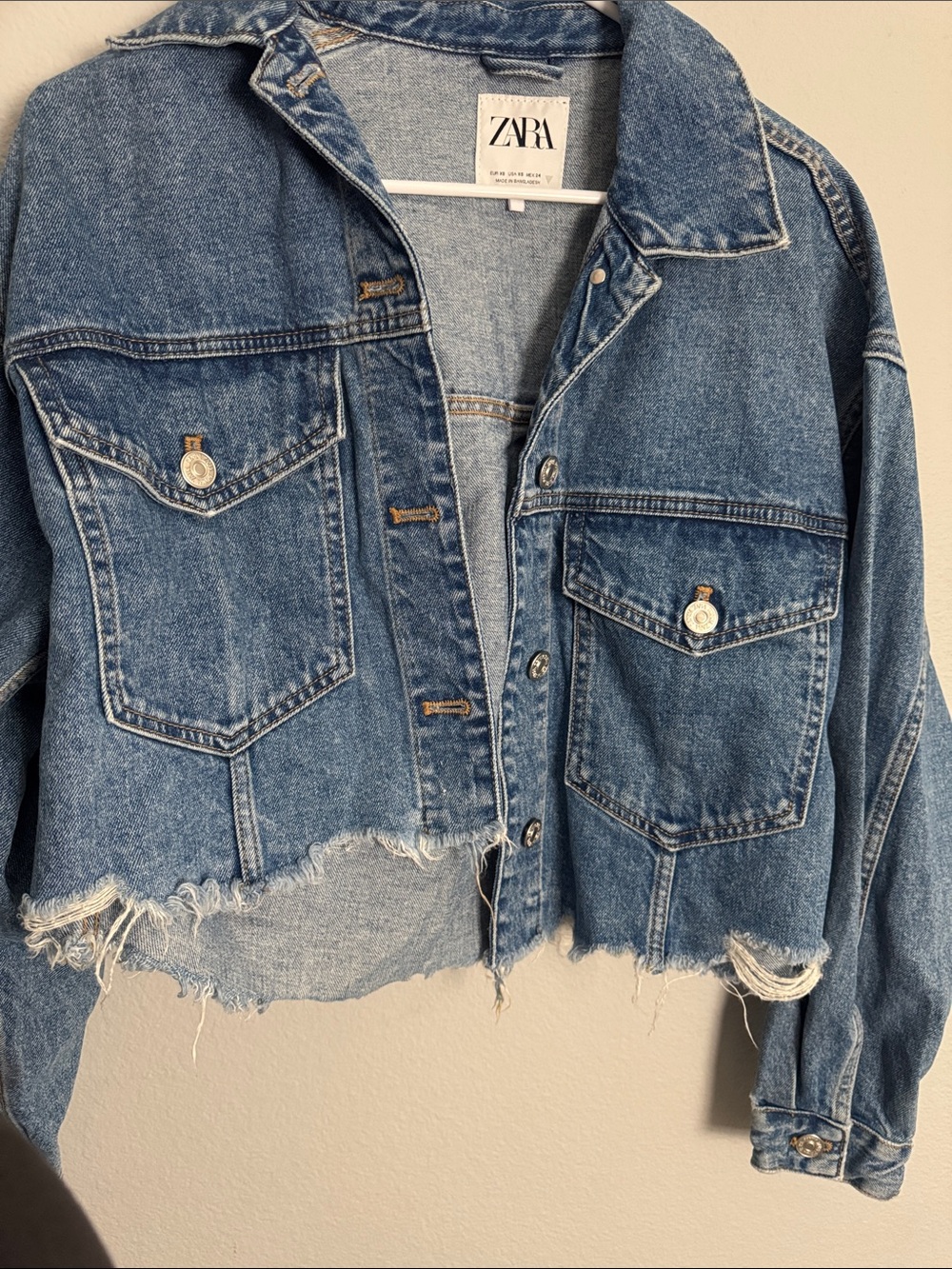 Zara Light Blue Distressed Cropped Denim Jacket